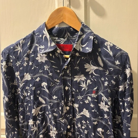 Carolina Herrera Men's Linen Blue Floral Print Button Down Shirt - Size 15 - Picture 9 of 11